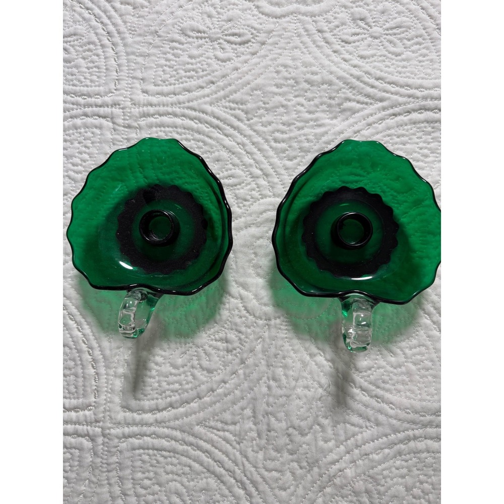 Vintage Emerald Green Glass Finger Loop Candle‎ Holders Set of 2 Scalloped Rim